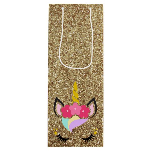 ユニコーンパーソナライズされた金ゴールドグリッターワイン抱き枕 ワインギフトバッグ (正面)