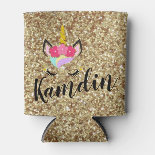 ユニコーンパーソナライズされた金ゴールドグリットクージー缶ホルダー 缶クーラー (正面)