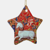 ユニコーンパーチメントスターモノグラム、赤ルビージェムストーン セラミックオーナメント (右)