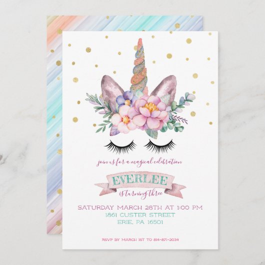 ユニコーンパーティの招待状 | ユニコーンケーキ 招待状 (正面/裏面)