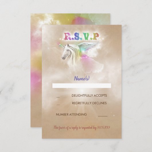 ユニコーンパーティーによって魅了されるRSVPのカード 出欠カード (正面/裏面)