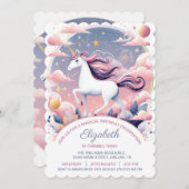 ユニコーンパーティーの招待状、ユニコーンの誕生日 招待状 (正面/裏面)