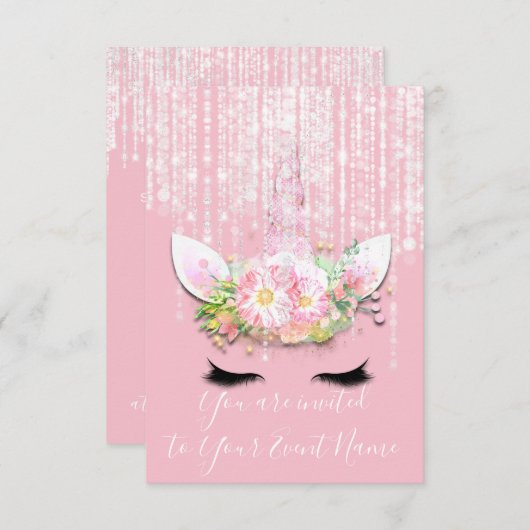 ユニコーンパーティーピンクローズ第1回2回バースデーパーティー 招待状 (正面/裏面)