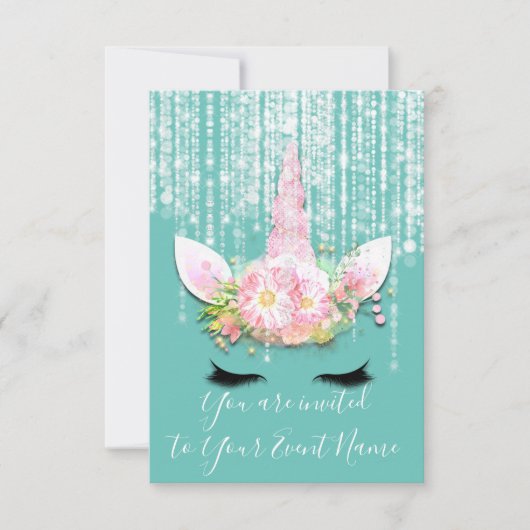 ユニコーンパーティーピンク第1回16回誕生日パーティー 招待状 (正面)