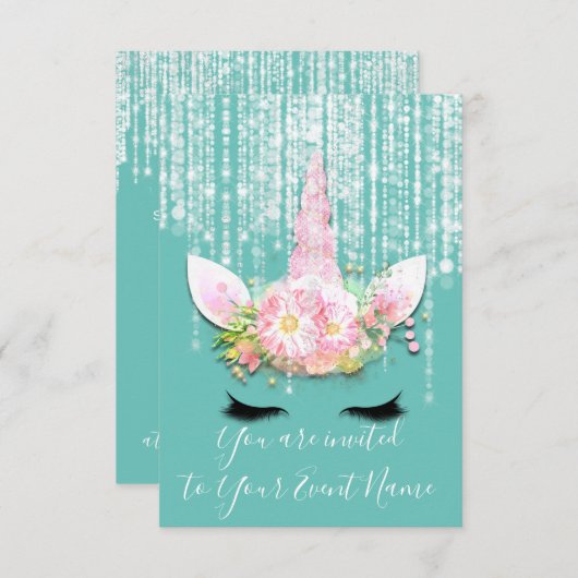 ユニコーンパーティーピンク第1回16回誕生日パーティー 招待状 (正面/裏面)