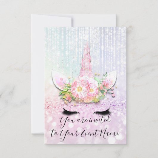 ユニコーンパーティーピンク1st 2d 3rd誕生日グリッター 招待状 (正面)