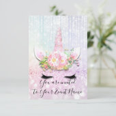 ユニコーンパーティーピンク1st 2d 3rd誕生日グリッター 招待状 (スタンド正面)