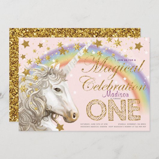 ユニコーンパーティーマジカルファースト誕生日イラストレーション 招待状 (正面/裏面)