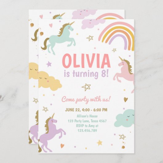 ユニコーンパーティーマジカルレインボーユニコーン誕生日イン 招待状 (正面/裏面)