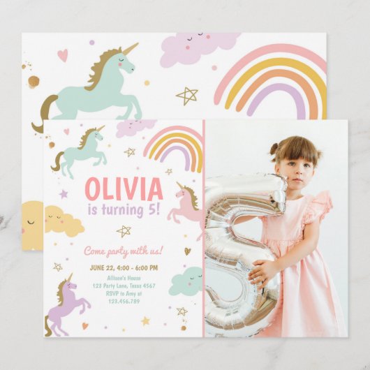 ユニコーンパーティーマジカルレインボーユニコーン誕生日イン 招待状 (正面/裏面)