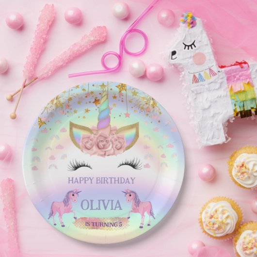 ユニコーンパーティーレインボー1歳の誕生日お洒落女子 ペーパープレート (パーティー)