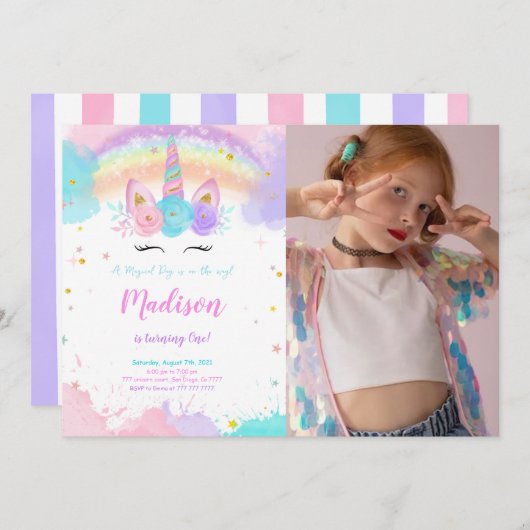 ユニコーンパーティー写真招待状 招待状 (正面/裏面)