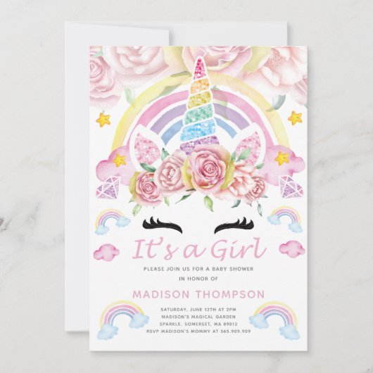 ユニコーンパーティー魔法の赤ちゃんシャワー 招待状 (正面)