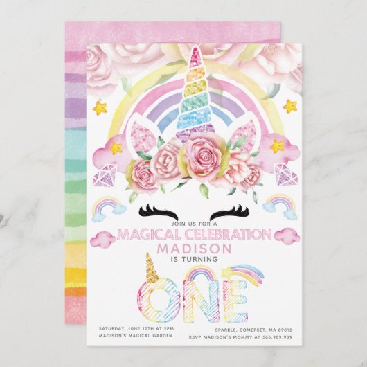 ユニコーンパーティー 魔法のファーストバースデー 招待状 (正面/裏面)