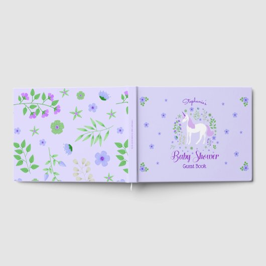 ユニコーンパープルグリッターパーソナライズされたベビーシャワー ゲストブック (全面)