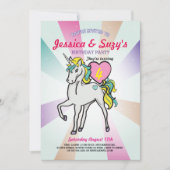 ユニコーンパープルバースデーパーティツインズガールズ招待状 招待状 (正面)