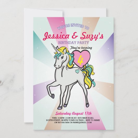ユニコーンパープルバースデーパーティツインズガールズ招待状 招待状 (正面)