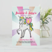 ユニコーンパープルバースデーパーティツインズガールズ招待状 招待状 (スタンド正面)