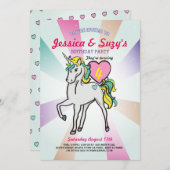 ユニコーンパープルバースデーパーティツインズガールズ招待状 招待状 (正面/裏面)
