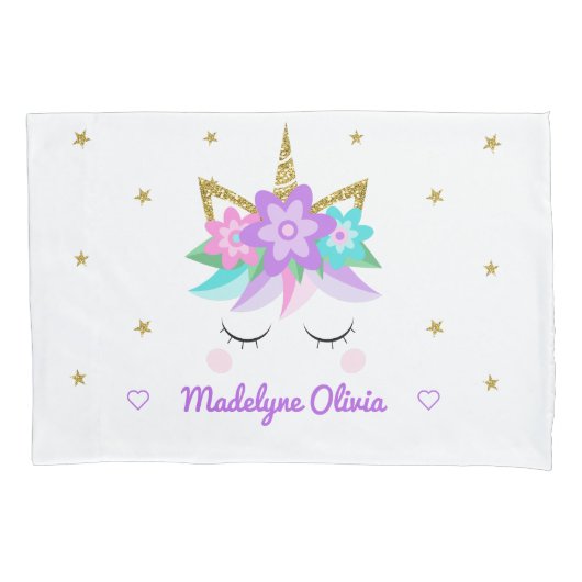 ユニコーンパープルフラワーズグリッタースターパーソナライズされたズ 枕カバー (正面)