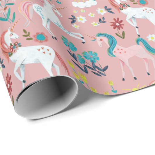 ユニコーンピンクかわいい魔法の女の子の最初の誕生日 ラッピングペーパー (ロールコーナー)