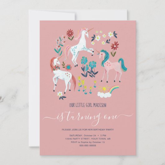 ユニコーンピンクかわいい魔法の女の子最初の誕生日請求書 招待状 (正面)
