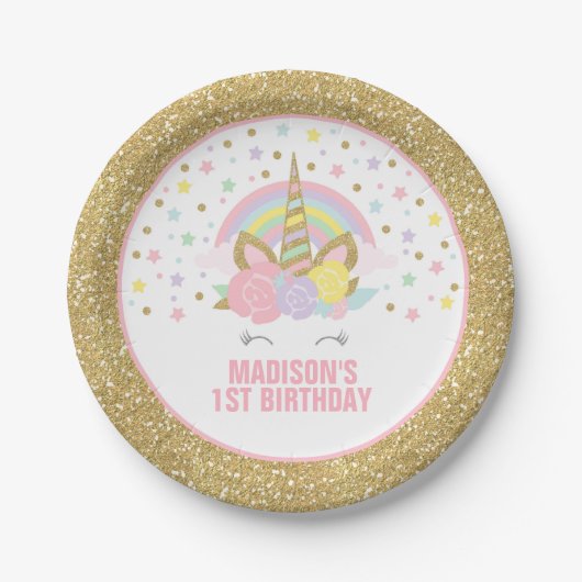 ユニコーンピンクと金ゴールド紙プレート7インチ紙プレート ペーパープレート (正面)
