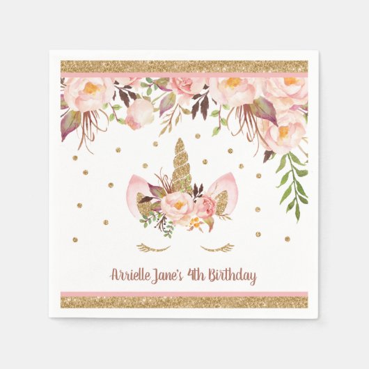 ユニコーンピンクと金ゴールド誕生会ナプキンス スタンダードカクテルナプキン (正面)