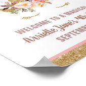 ユニコーンピンクと金ゴールド誕生日パーティー歓迎サイン ポスター (角)