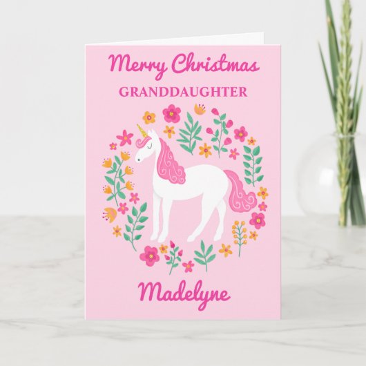 ユニコーンピンクのメリークリスマスクリスマスの孫娘かわいい シーズンカード (正面)