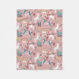 ユニコーンピンクのレインボーガールズオールオーバープリント フリースブランケット