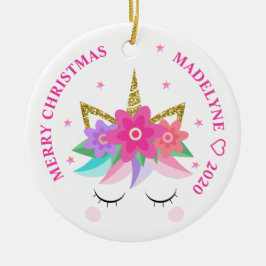 ユニコーンピンクの花のグリッターパーソナライズされた名 セラミックオーナメント