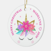 ユニコーンピンクの花のグリッターパーソナライズされた名 セラミックオーナメント (左)