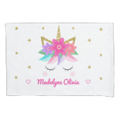 ユニコーンピンクの花グリッター星パーソナライズされた 枕カバー (正面)