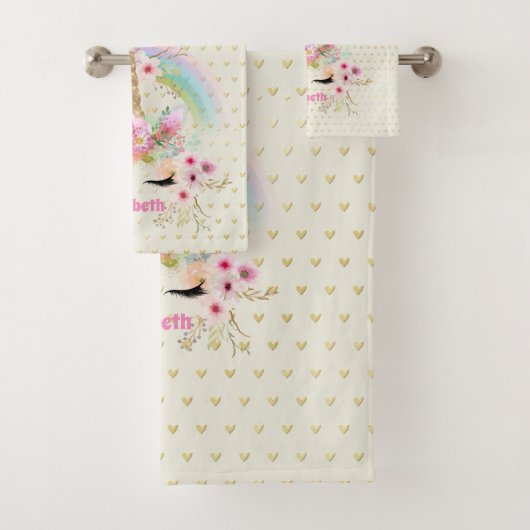 ユニコーンピンクの金ゴールドグリッタールックメイドガールズフローラ バスタオルセット (インサイチュ)