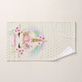 ユニコーンピンクの金ゴールドグリッタールックメイドガールズフローラ バスタオルセット (ハンドタオル)