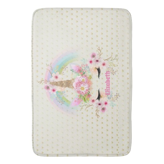ユニコーンピンクの金ゴールドグリッタールックメイドガールズフローラ バスマット (正面縦)