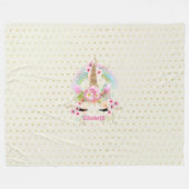 ユニコーンピンクの金ゴールドグリッタールックメイドガールズフローラ フリースブランケット (正面(横))