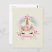 ユニコーンピンクの金ゴールドグリッタールックメイドガールズフローラ ポストカード (正面/裏面)