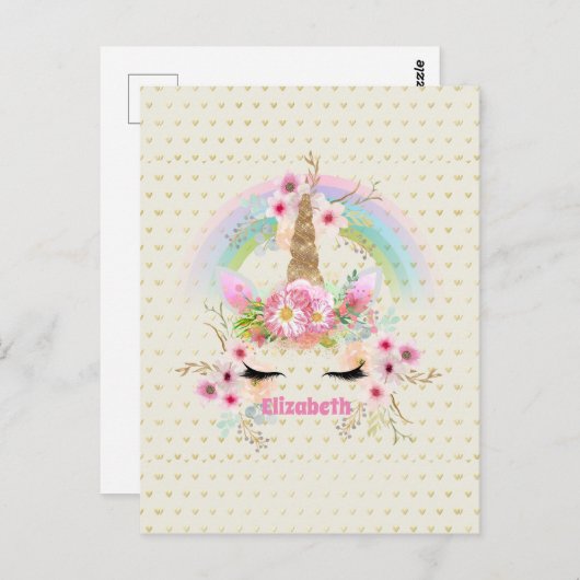 ユニコーンピンクの金ゴールドグリッタールックメイドガールズフローラ ポストカード (正面/裏面)