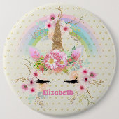 ユニコーンピンクの金ゴールドグリッタールックメイドガールズフローラ 缶バッジ (正面)