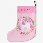 ユニコーンピンクオレンジパーソナライズされたフローラ名かわいい スモールクリスマスストッキング (裏面)