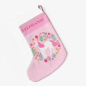 ユニコーンピンクオレンジパーソナライズされたフローラ名かわいい スモールクリスマスストッキング (裏面 (吊り時))