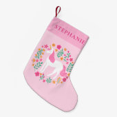 ユニコーンピンクオレンジパーソナライズされたフローラ名かわいい スモールクリスマスストッキング (正面 (吊り時))