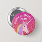 ユニコーンピンクグリッターガールズ誕生日パーソナライズされた 缶バッジ (正面&裏面)