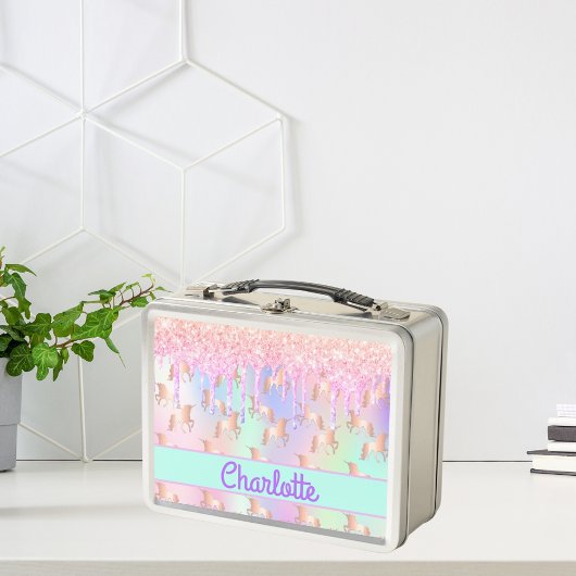 ユニコーンピンクグリッタードリップレインボースパークルモノグラム メタルランチボックス