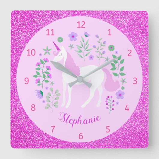 ユニコーンピンクグリッターパーソナライズされた名 スクエア壁時計 (正面)