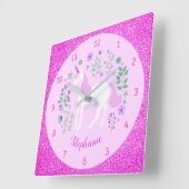 ユニコーンピンクグリッターパーソナライズされた名 スクエア壁時計 (傾斜)