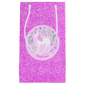 ユニコーンピンクグリッターパーソナライズされた名 スモールペーパーバッグ (正面)
