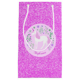 ユニコーンピンクグリッターパーソナライズされた名 スモールペーパーバッグ